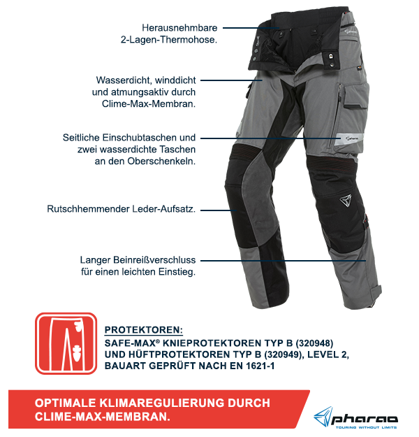PHARAO TURA WP ADV. TEXTIL-/LEDERHOSE GRAU/SCHWARZ