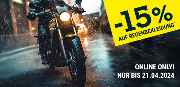 Online Only: 15% Rabatt auf Regenbekleidung* nur bis zum 21.04.2024