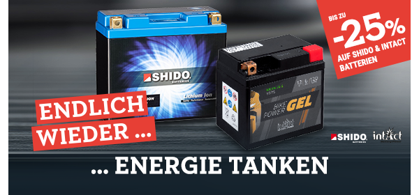 Endlich wieder Energie tanken - bis zu 25% Rabatt auf SHIDO und Intact Batterien