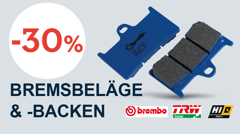 30% auf Bremsbeläge- und backen der Marke brembo, TRW und HIQ