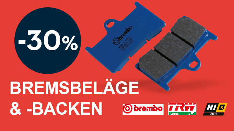 30% auf Bremsbeläge- und backen der Marke brembo, TRW und HIQ