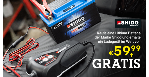 Gratis Ladegerät beim Kauf einer Lithium Batterie der Marke SHIDO
